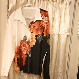 Floral Button-Up Shirt in Navy, Coral and White